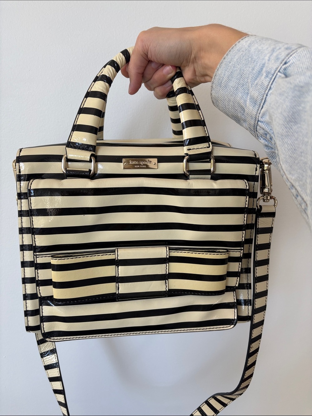 kate spade Black and Cream Striped Bow Satchel with Top Handle